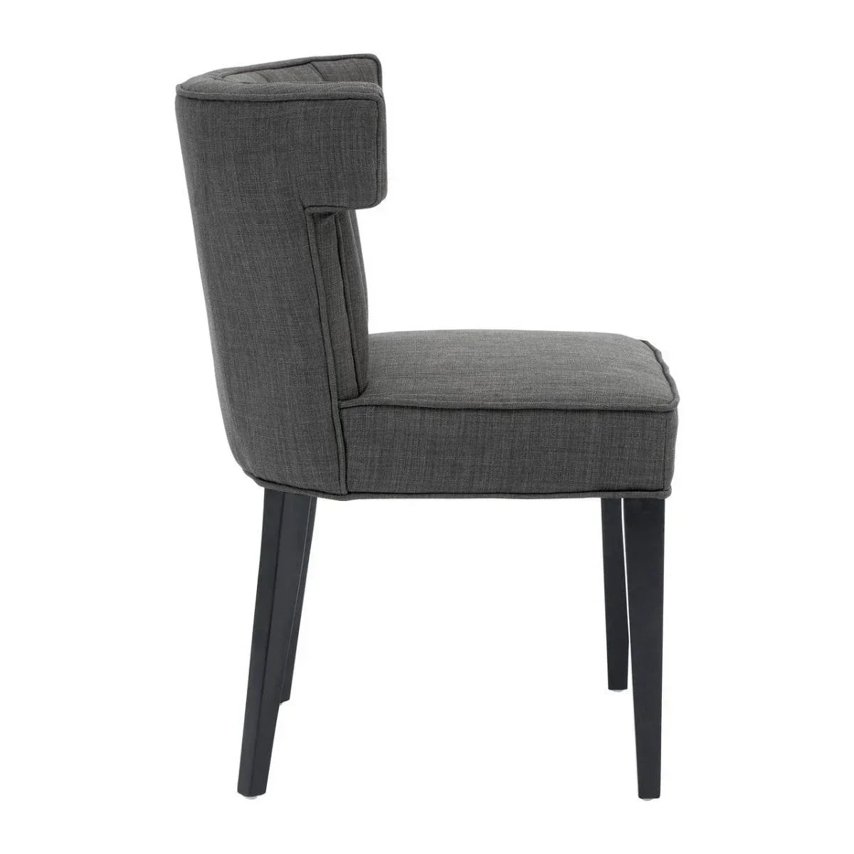 side view of grey upholstered dining chair with black wooden legs