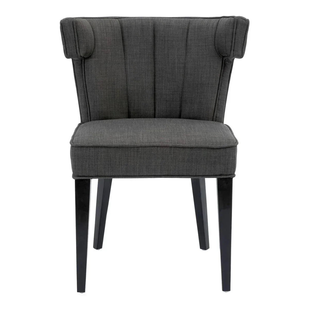 Dark grey upholstered dining chair with flared backrest and black wooden legs, front view