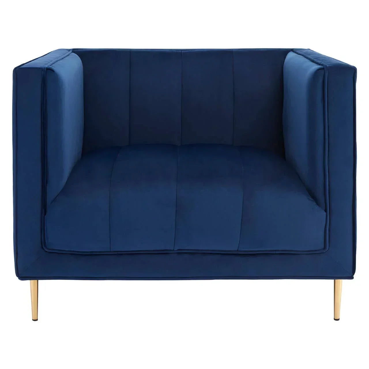 Blue velvet armchair with gold legs, boxy shape, front view