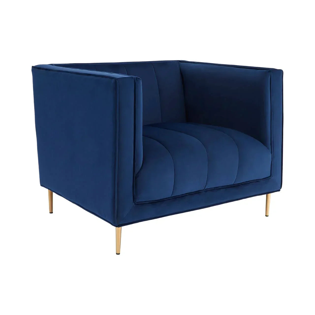 Blue velvet armchair with gold metal legs and boxy modern design