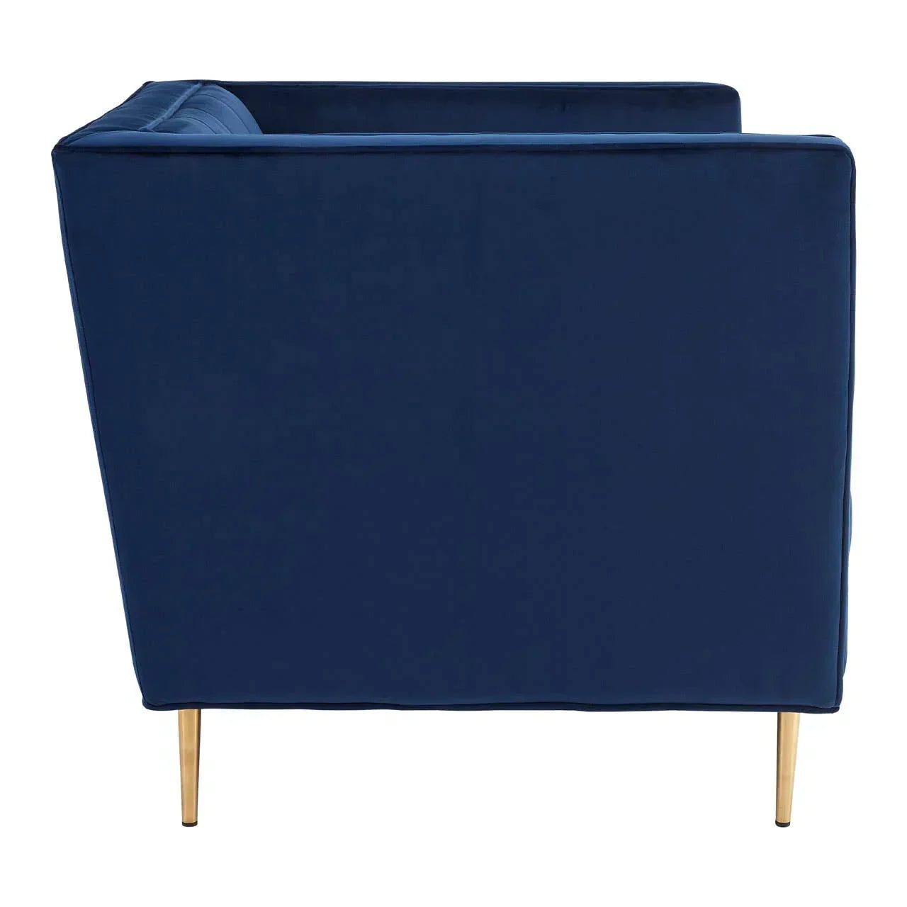 Back view of blue velvet armchair with gold metal legs