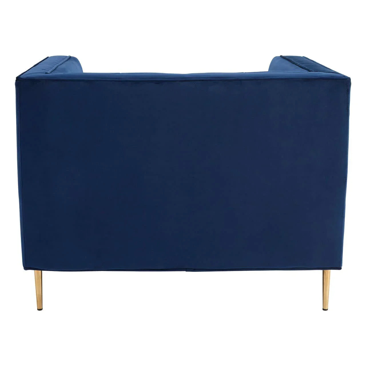 Back view of blue velvet sofa with gold metal legs