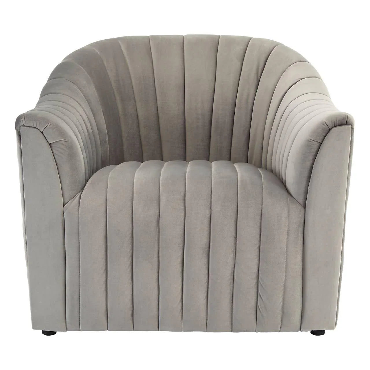 Grey velvet armchair with channel tufting and curved backrest, front facing view