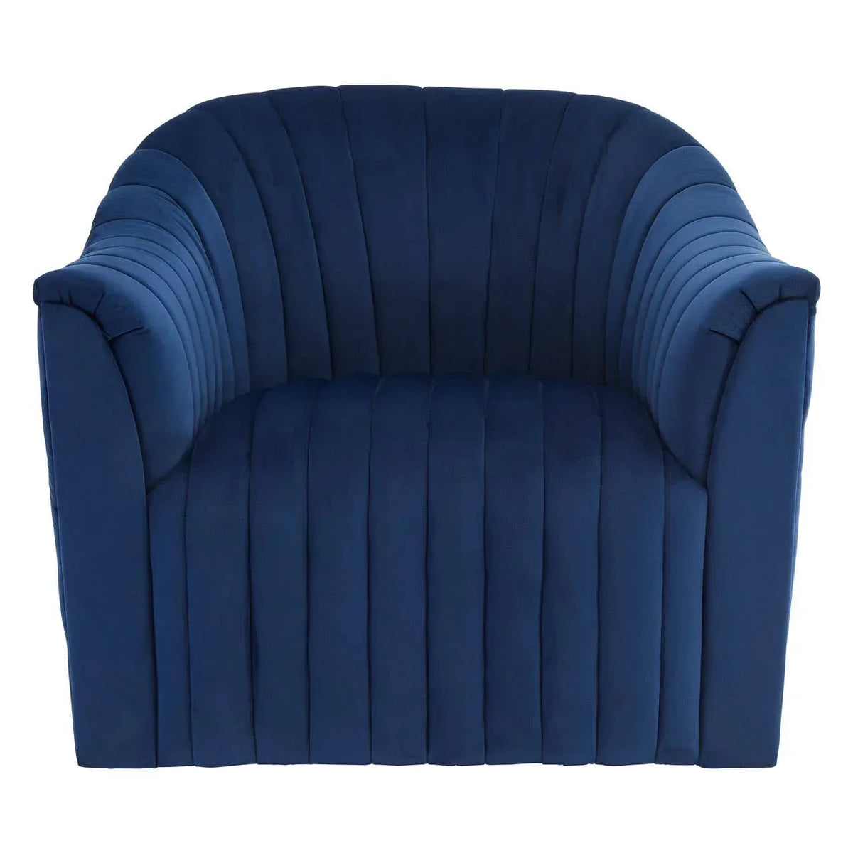 Blue velvet armchair with vertical tufting, front view, modern living room seating
