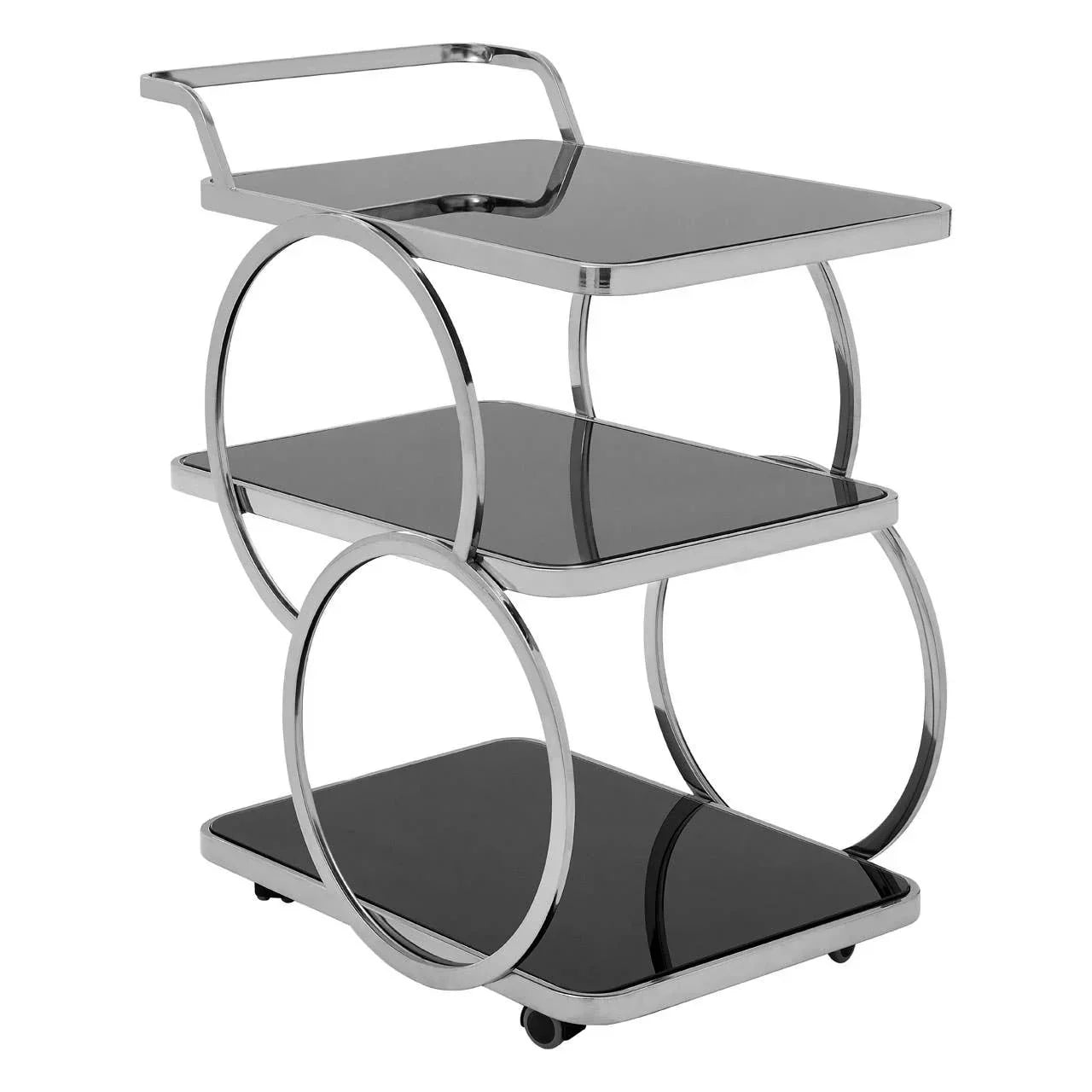 Three tier black glass and chrome drinks trolley with wheels, side view