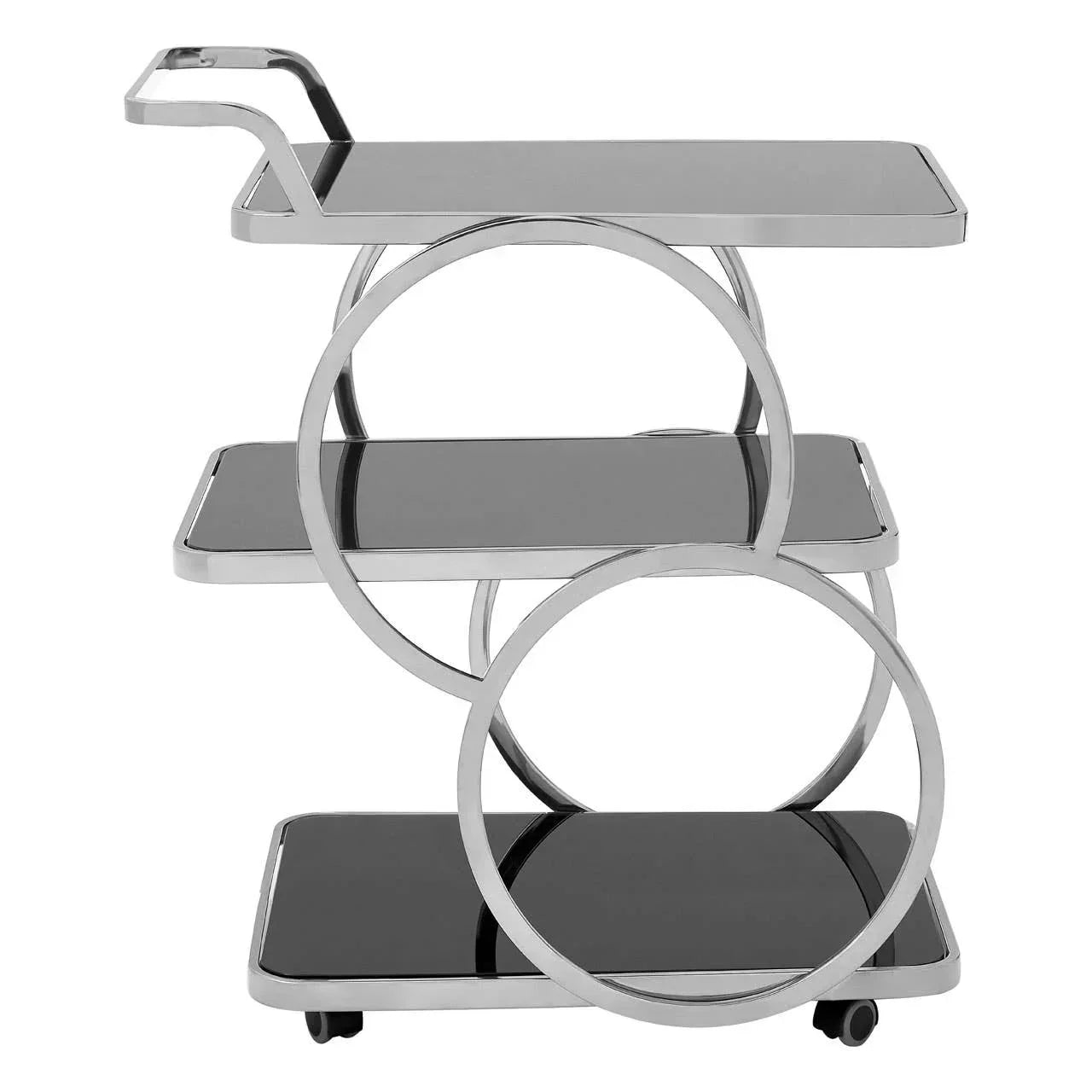 Three tier chrome and black glass drinks trolley with circular frame and handle