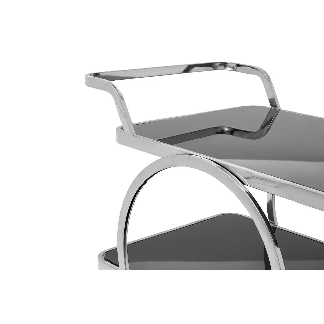 Chrome and black glass drinks trolley with handle and two shelves, side view