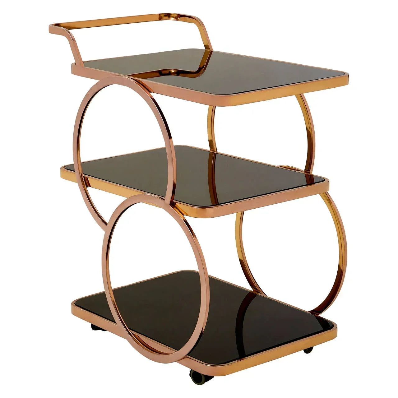 Gold and black metal bar cart with three glass shelves and circular frame on wheels