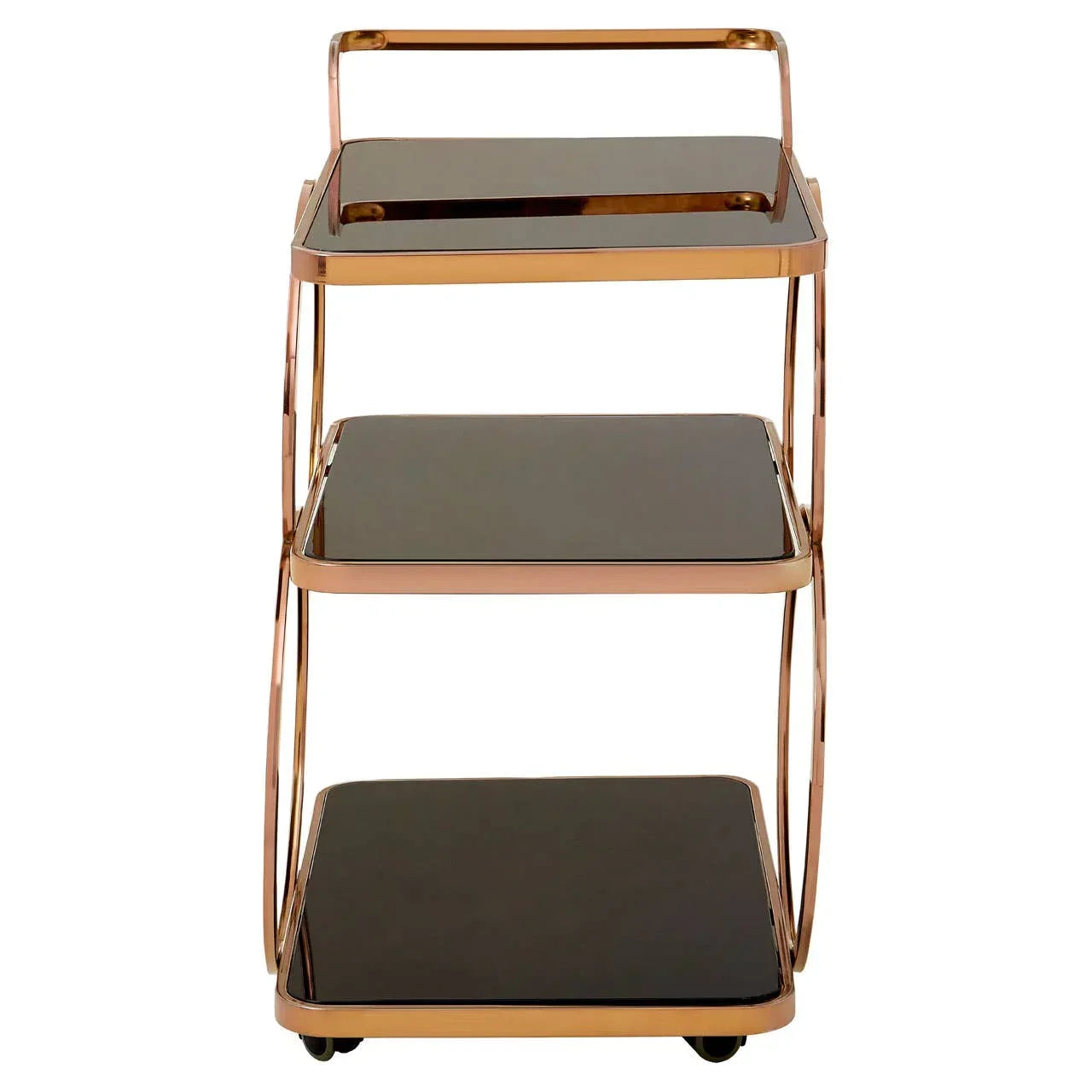 Three tier gold metal drinks trolley with black glass shelves and caster wheels, front view