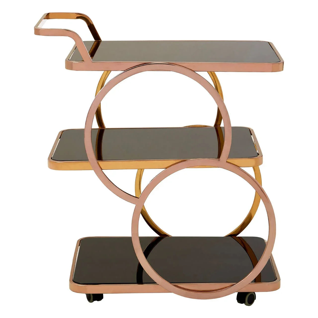 Gold metal bar trolley with three black glass shelves and circular side frame on castor wheels
