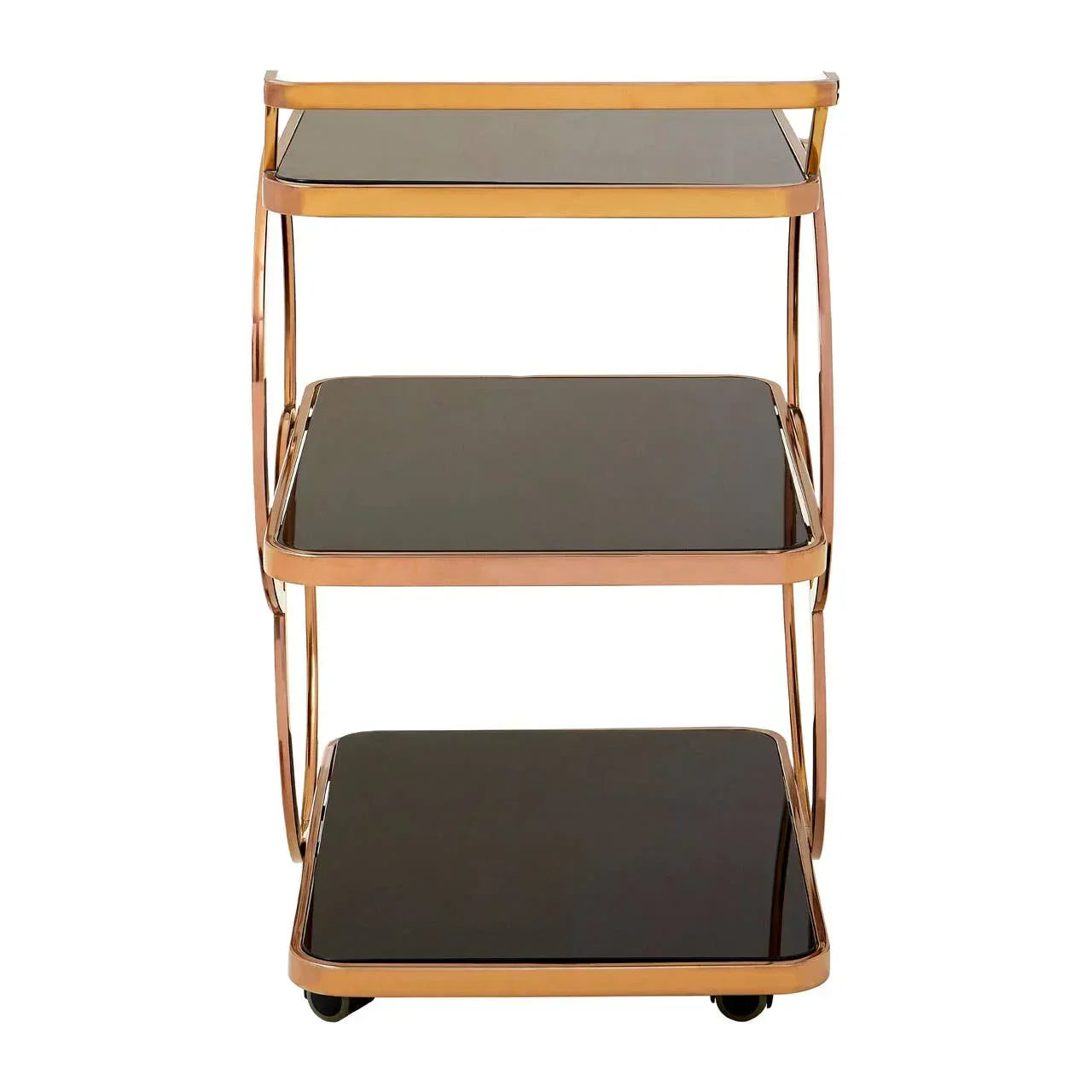 Gold metal and black glass serving trolley with three shelves, shown from front view