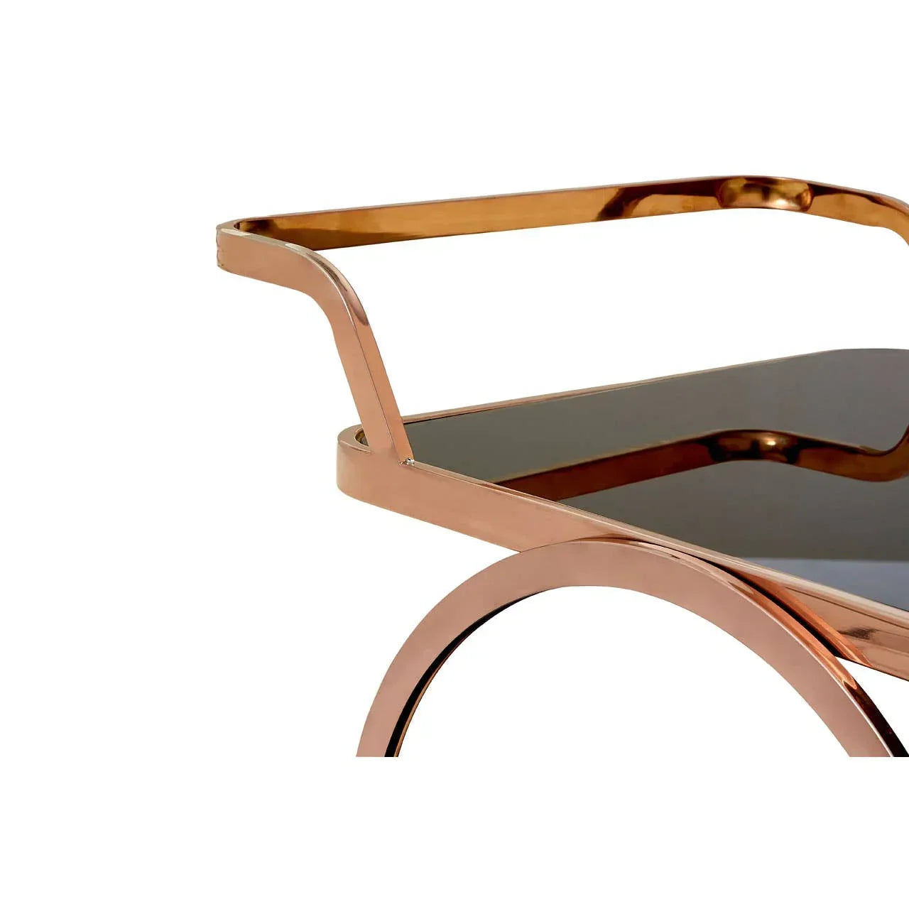 Rose gold metal bar cart frame with black glass shelf and curved handle detail