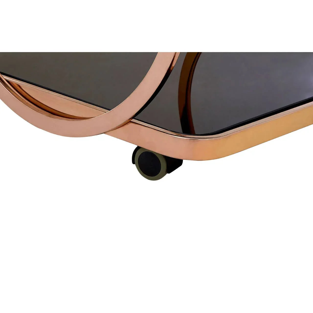 Rose gold frame drinks trolley with black glass shelf and wheel detail close-up