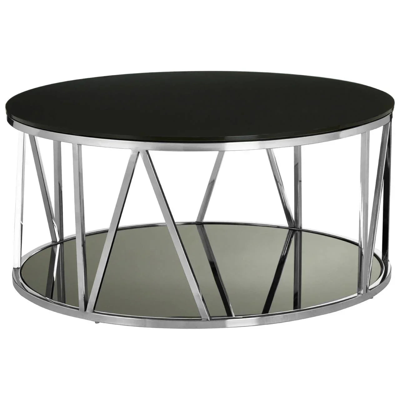 Round coffee table with black glass top, chrome frame, and mirrored lower shelf