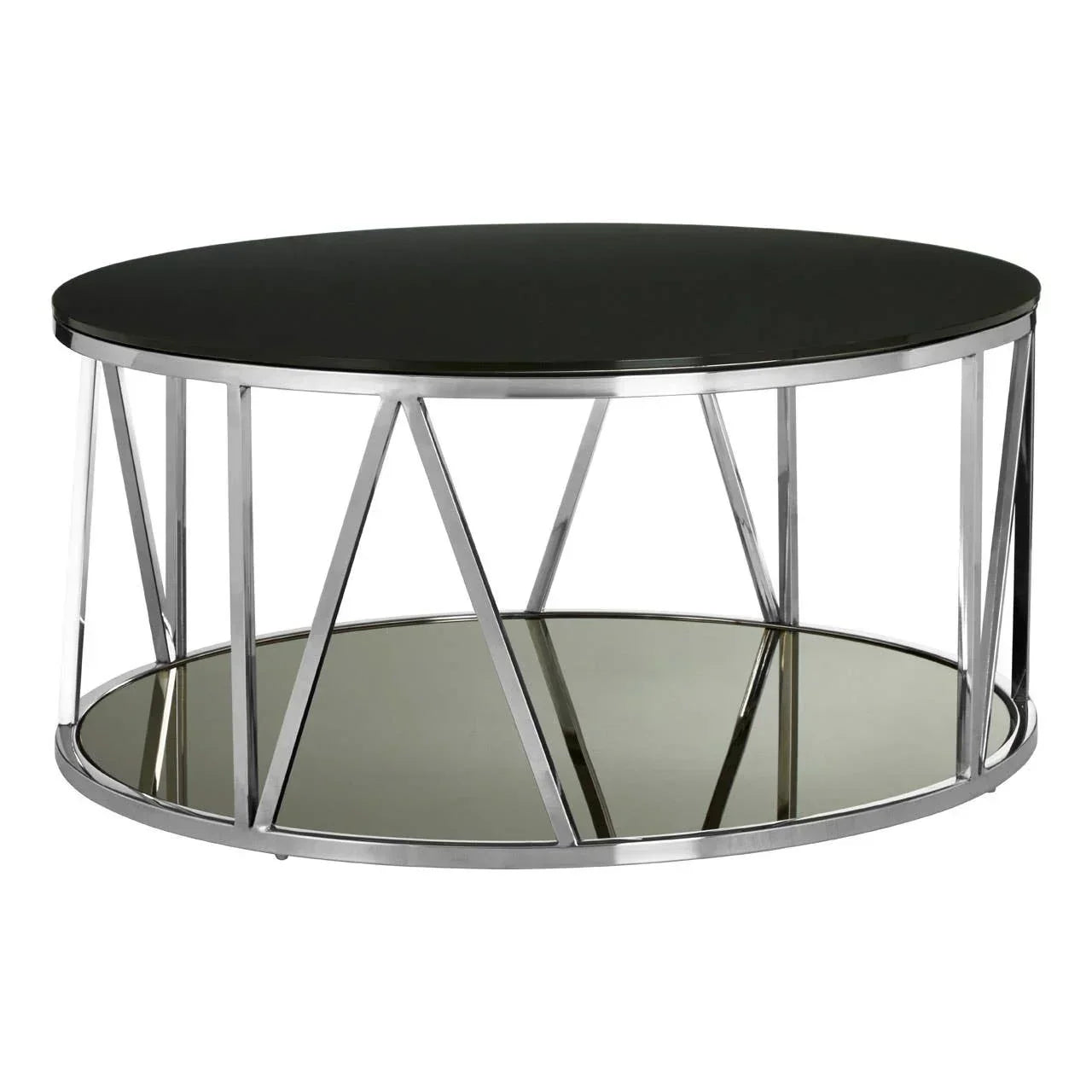 Round glass coffee table with chrome frame and mirrored lower shelf