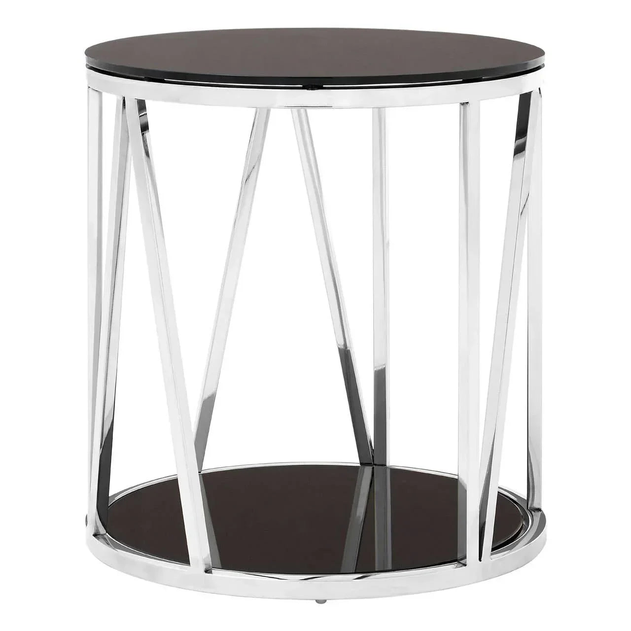 Round black glass side table with chrome metal frame and lower shelf