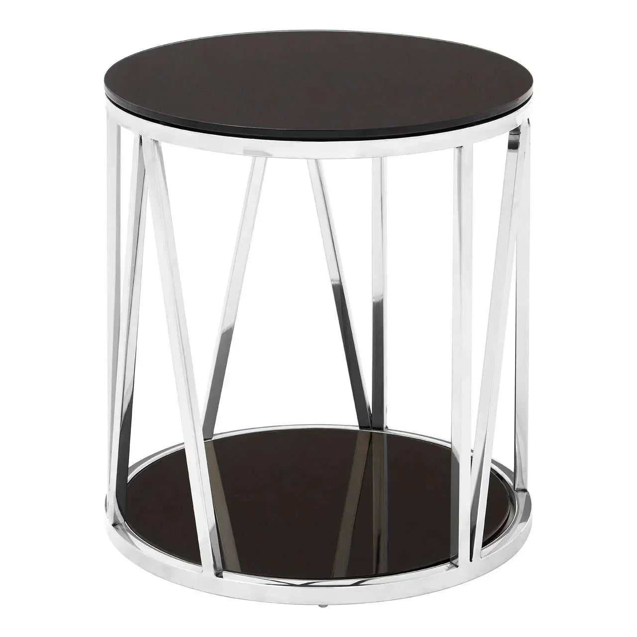Round black glass side table with chrome metal frame and lower shelf
