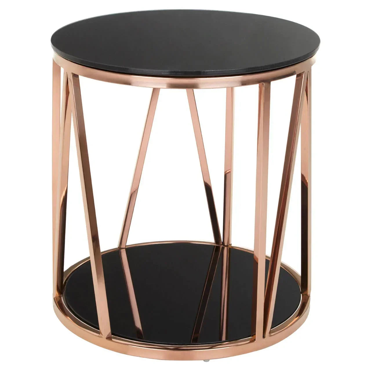 Round side table with black glass top and gold metal geometric frame