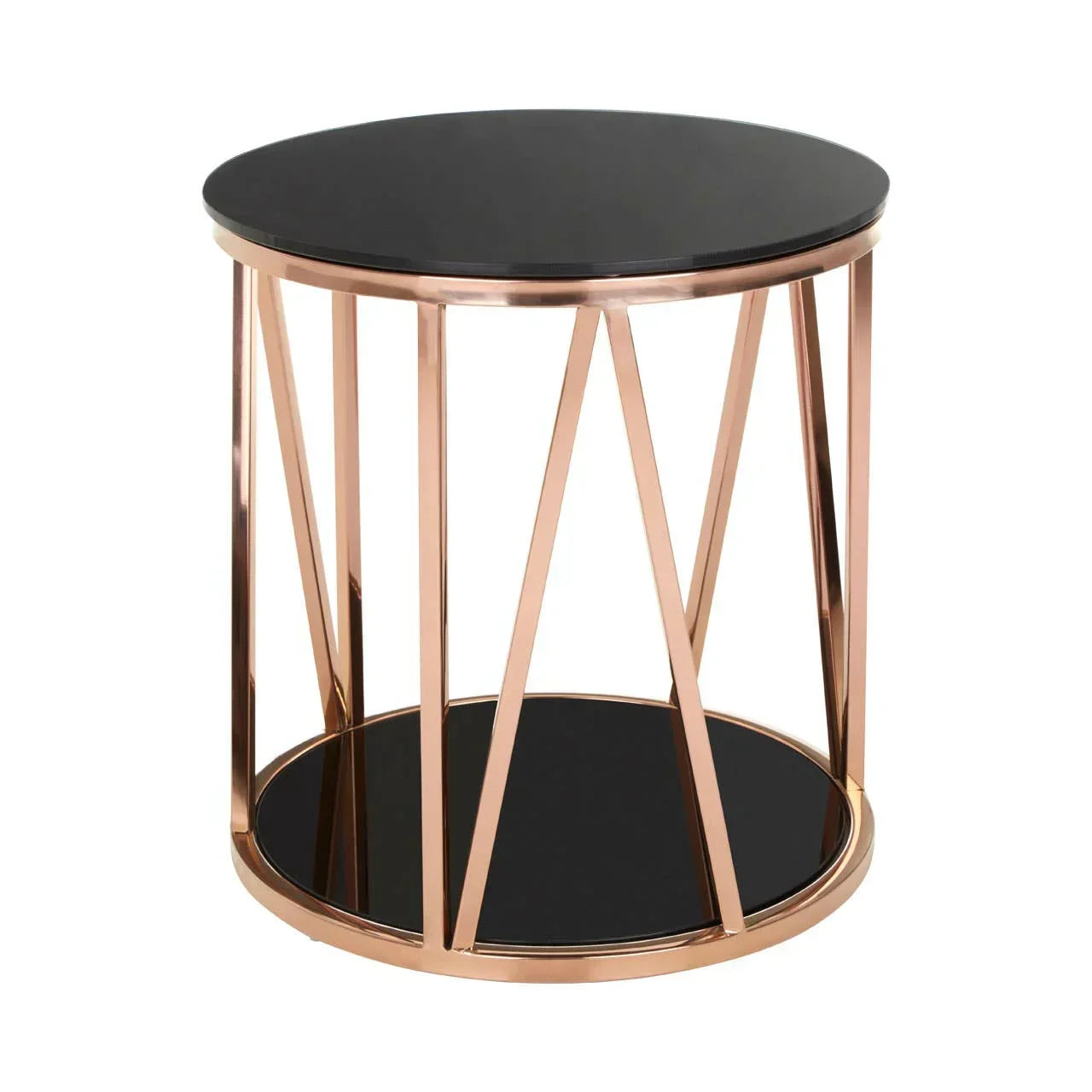 Round side table with black glass top and gold metal frame, modern geometric design