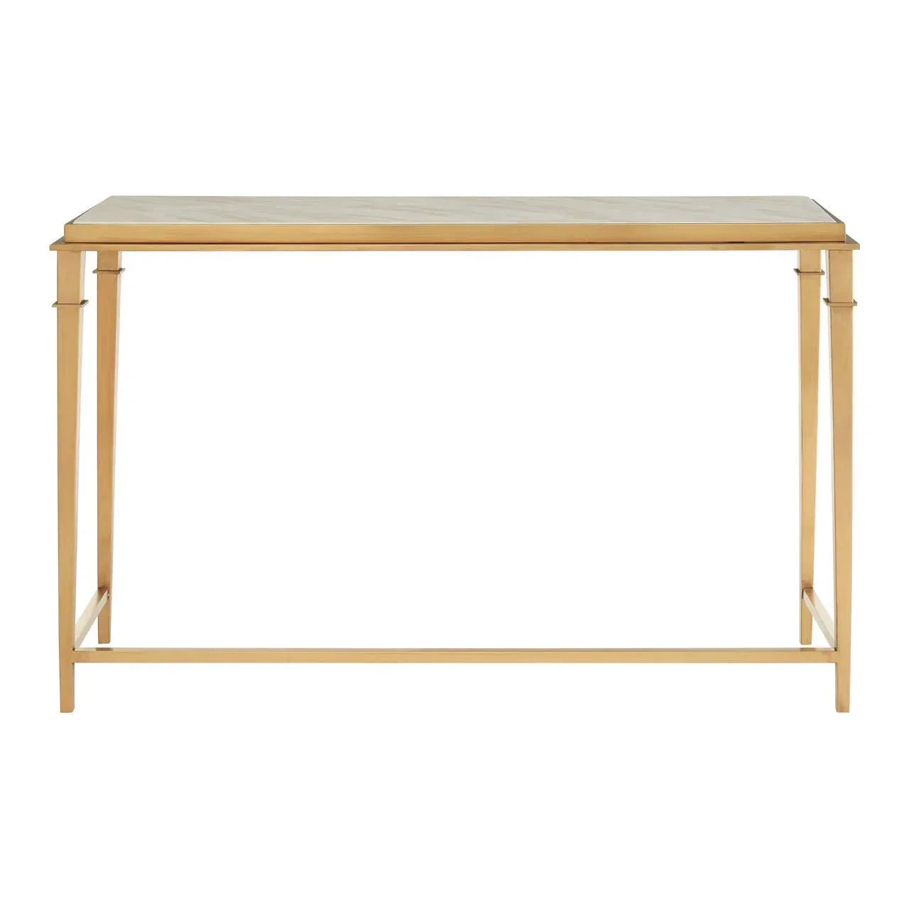Rectangular gold console table with metal frame and smooth tabletop, front view