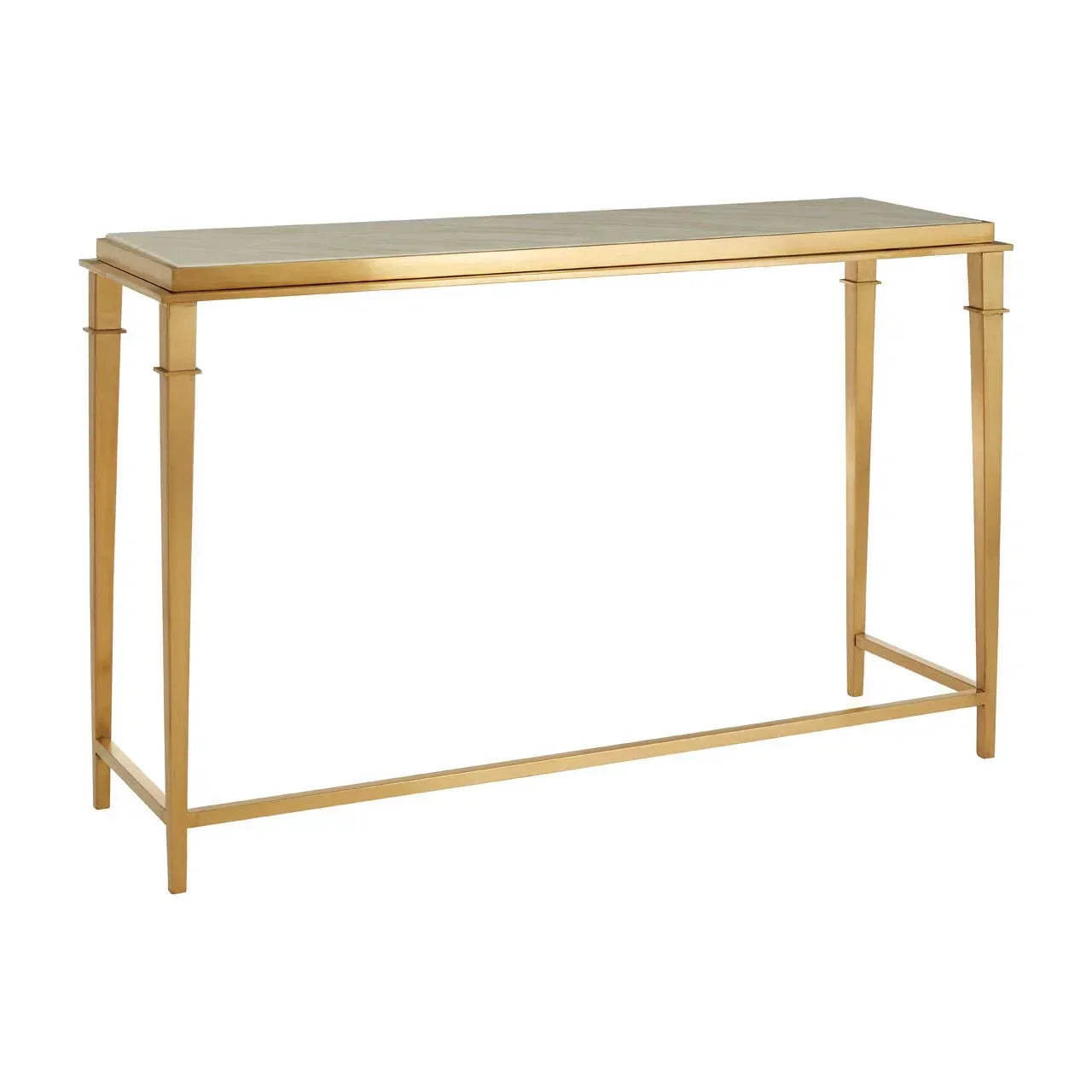 gold metal console table with slim rectangular top and tapered legs