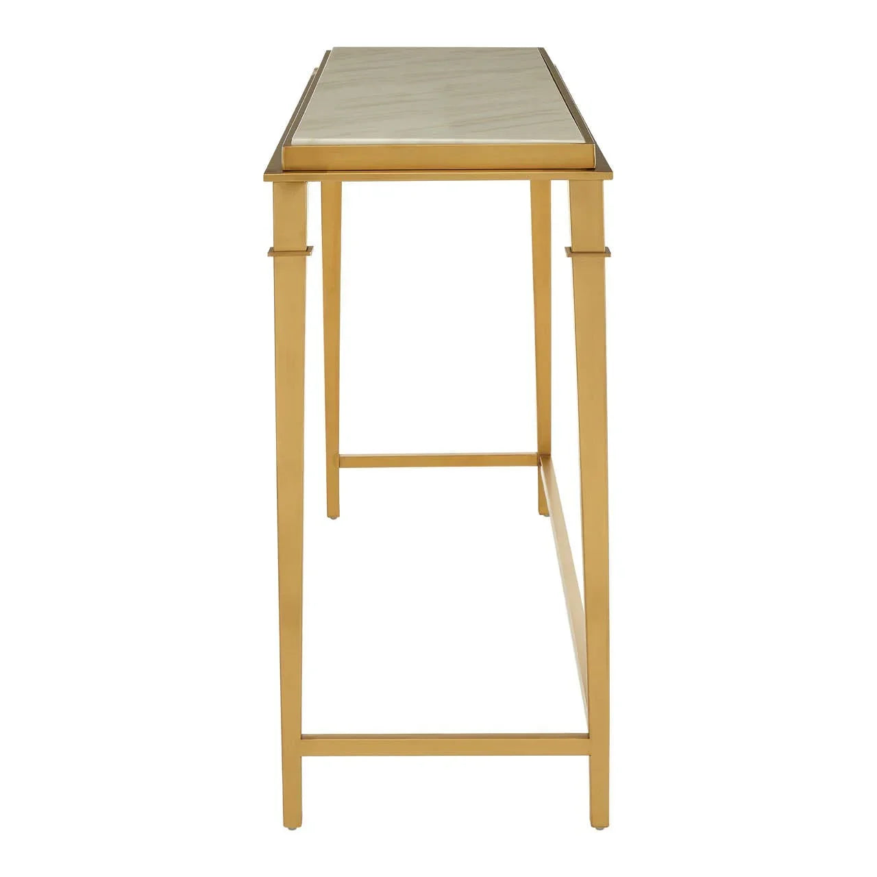 Slim gold console table with metal frame and marble effect top, side profile view
