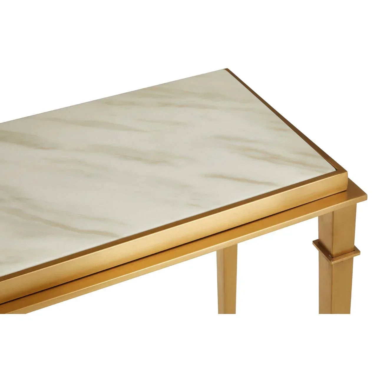 Rectangular marble top table with gold metal legs, close-up of corner and surface