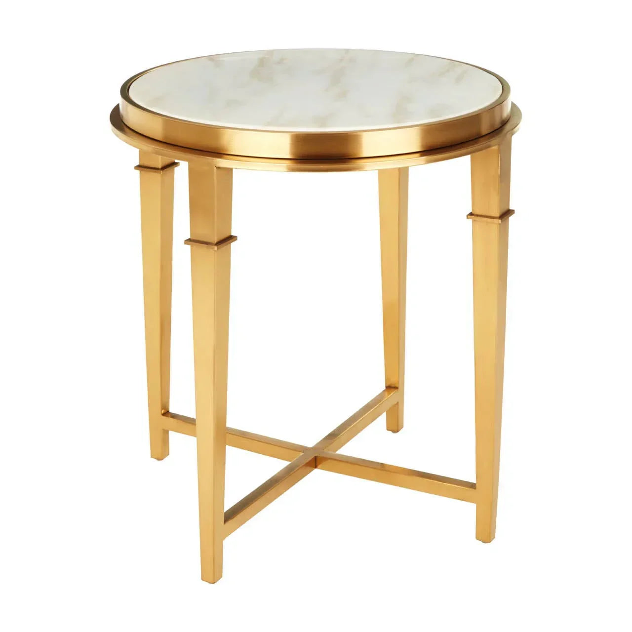 Round marble top side table with gold metal frame and crossed legs