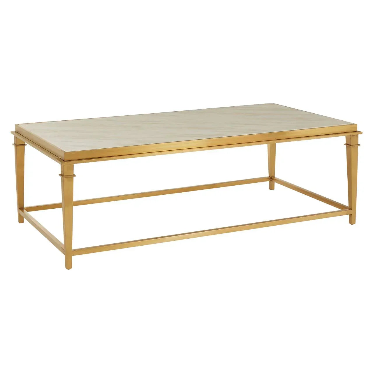 Gold metal coffee table with rectangular light wood top and open frame base