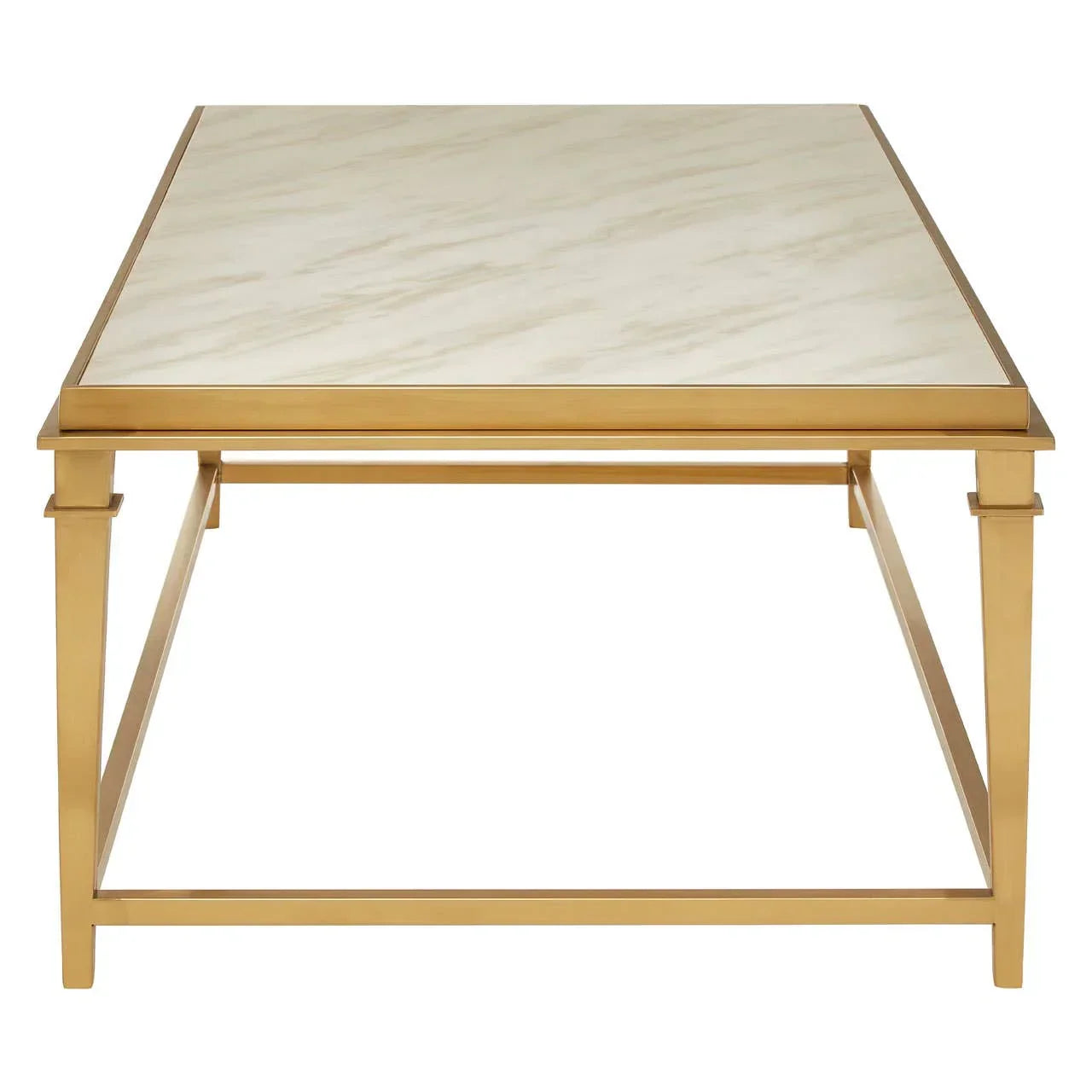 Rectangular marble top coffee table with gold metal frame, front angle view