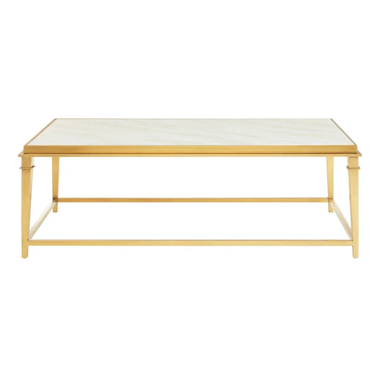 Rectangular marble top coffee table with gold metal frame, front angle view