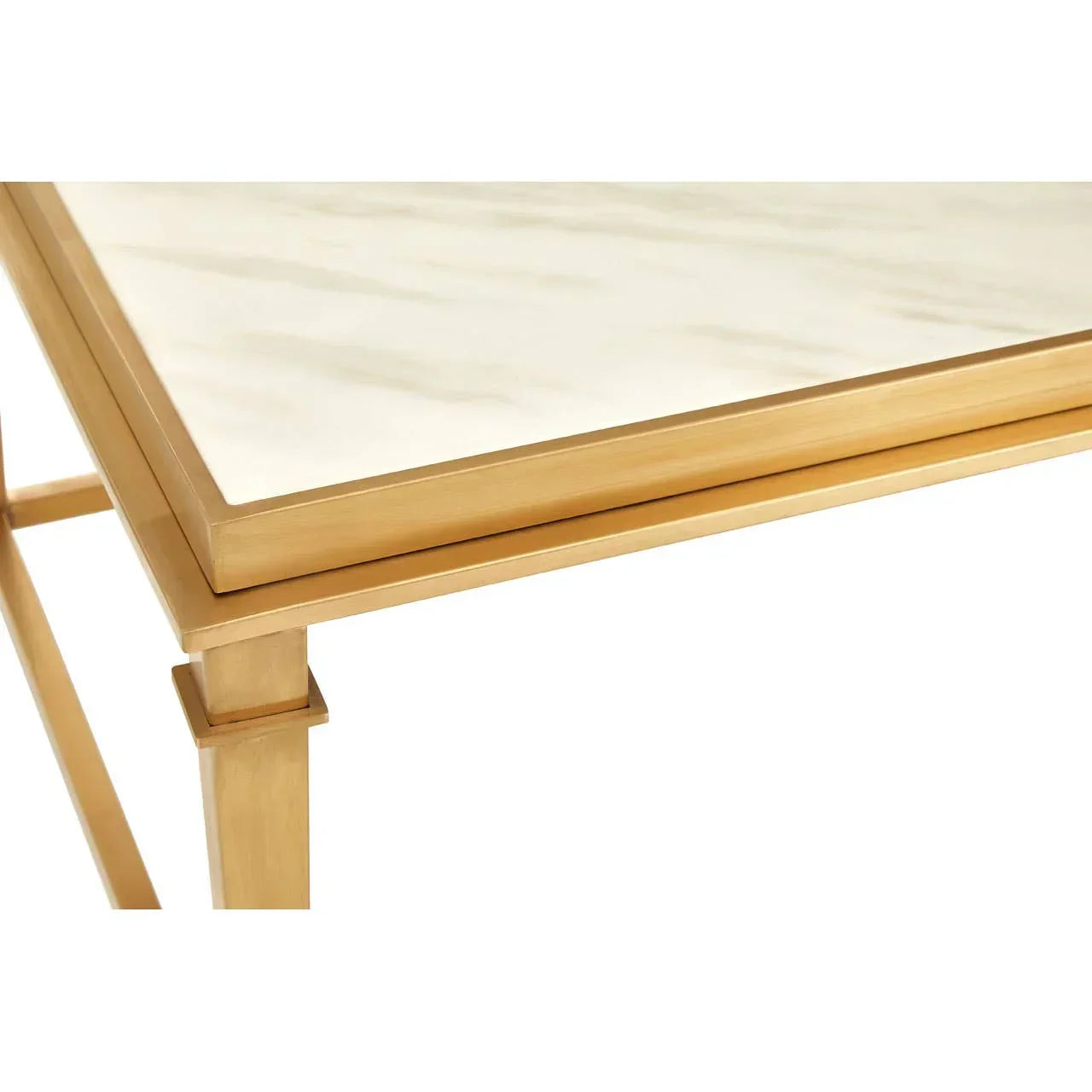 Marble top coffee table with gold metal frame, close-up of corner and surface finish