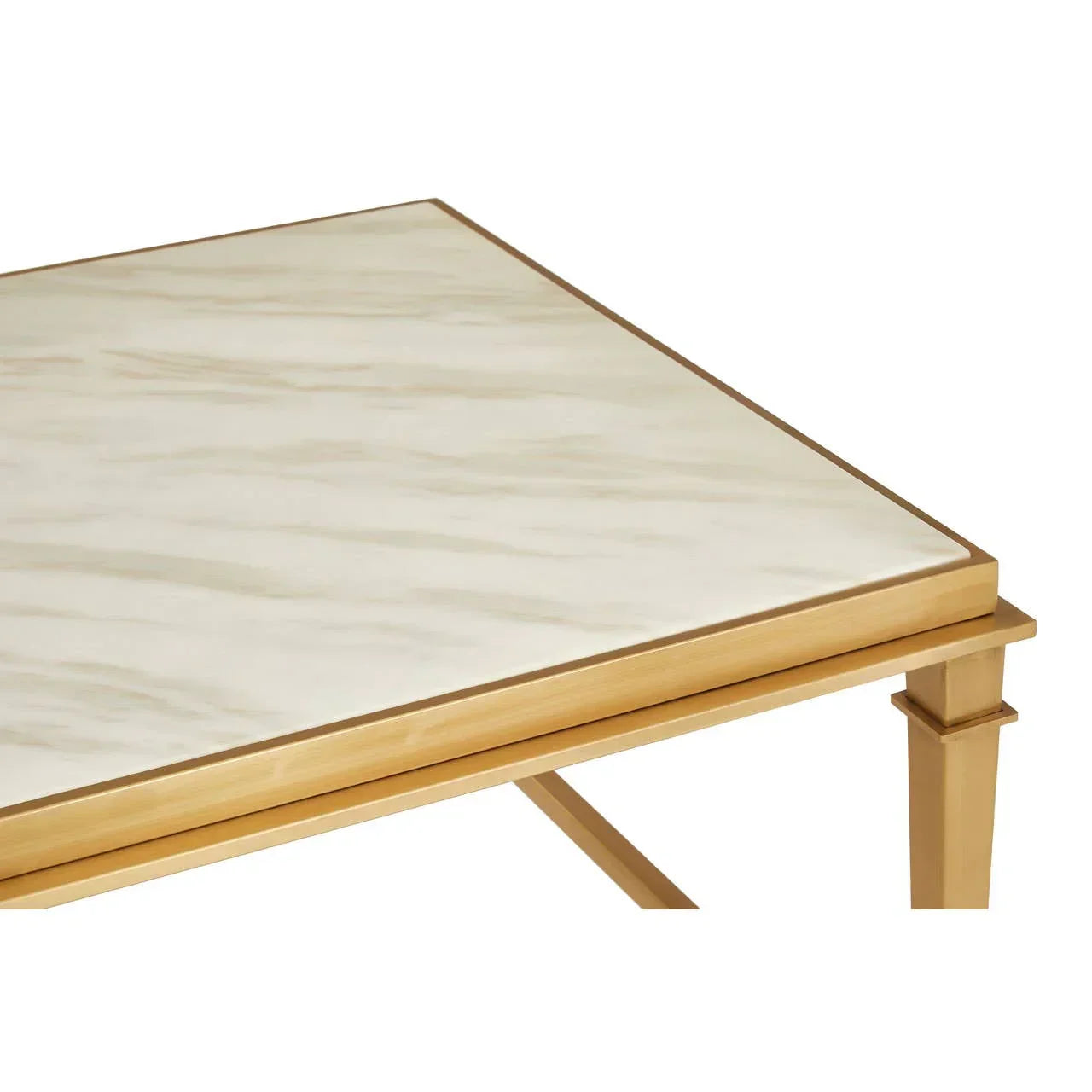 Rectangular marble top dining table with gold metal frame and corner leg detail