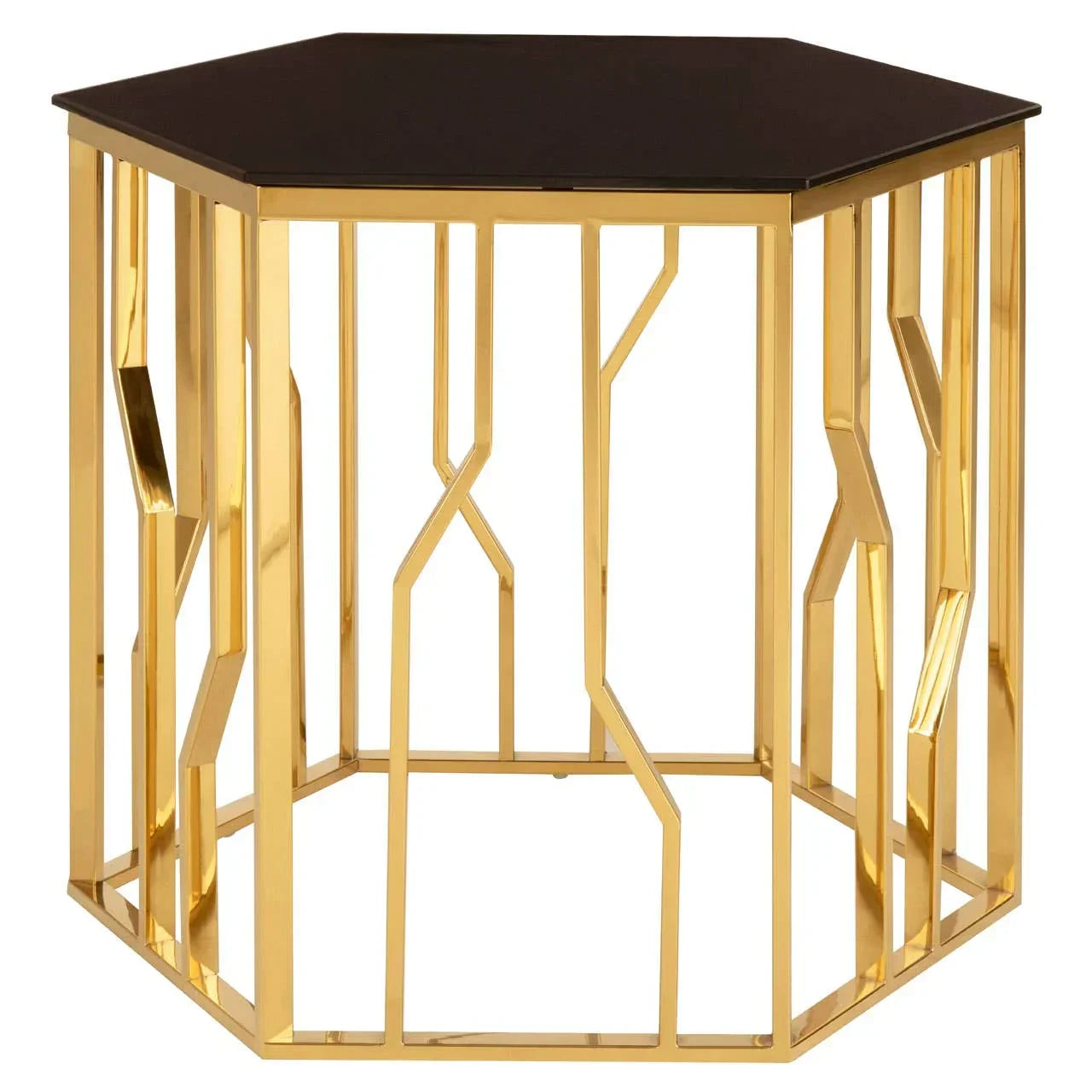 Hexagonal gold metal side table with black glass top and geometric frame design