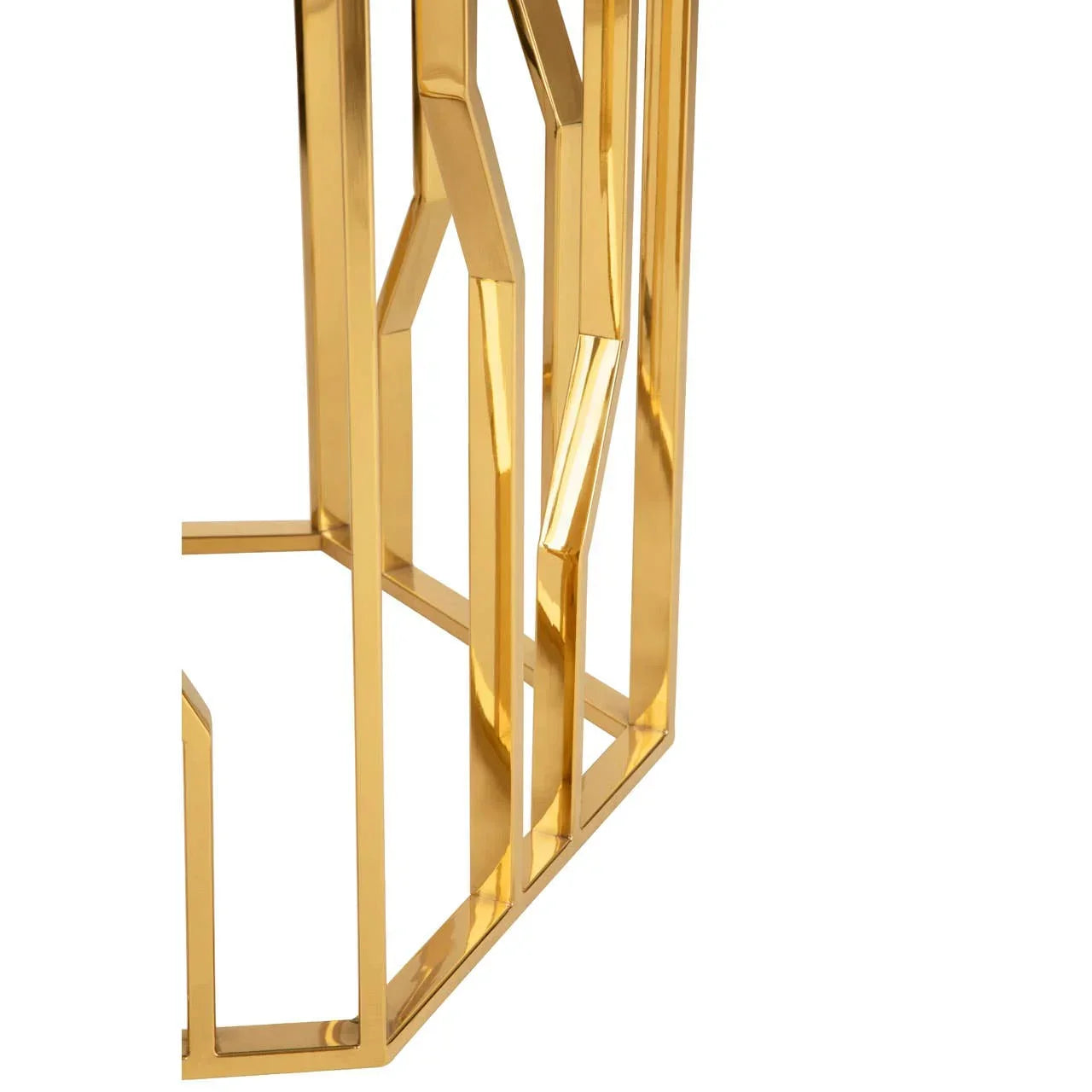 Gold metal table base with geometric design and polished finish, close-up view