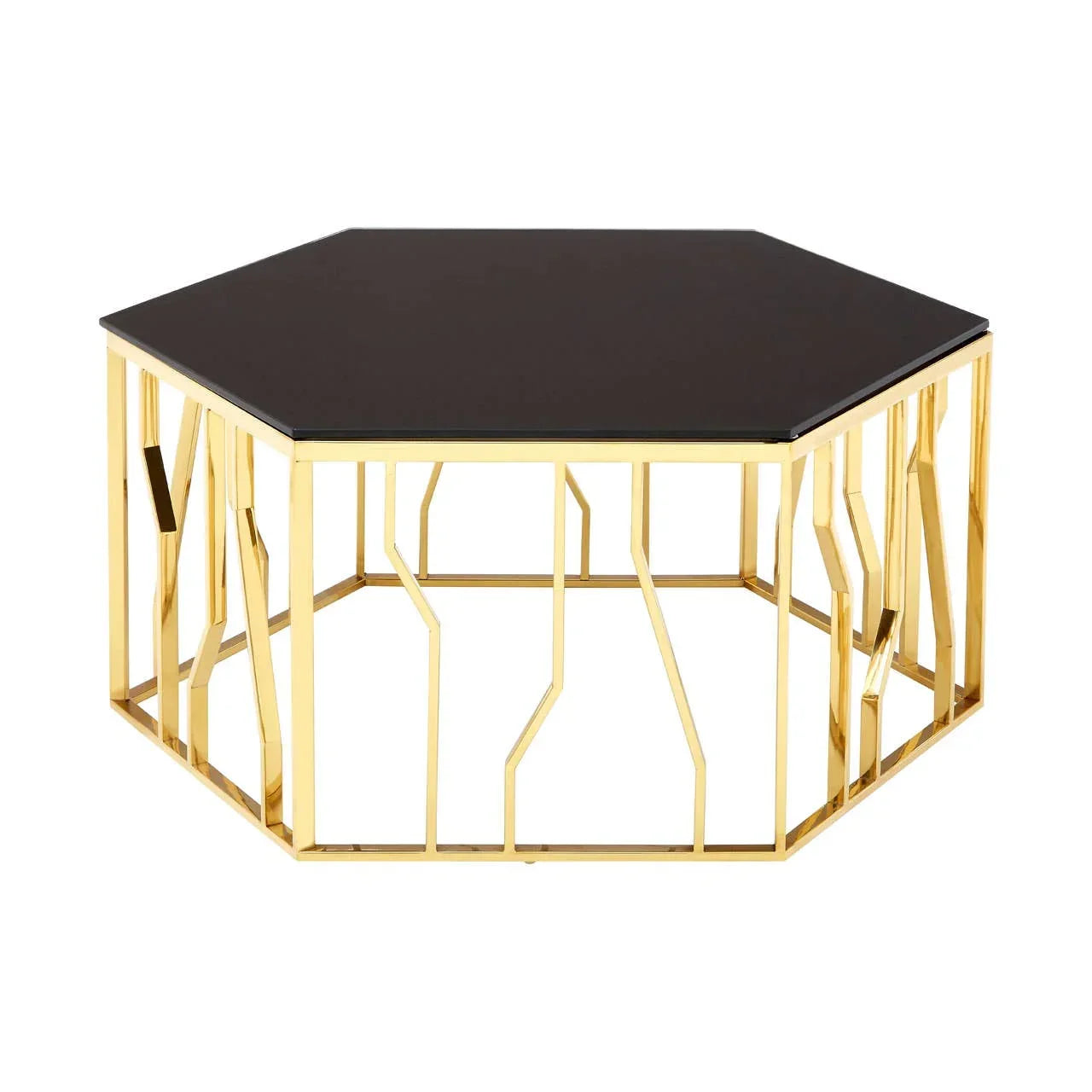 Hexagonal coffee table with black glass top and gold metal geometric base