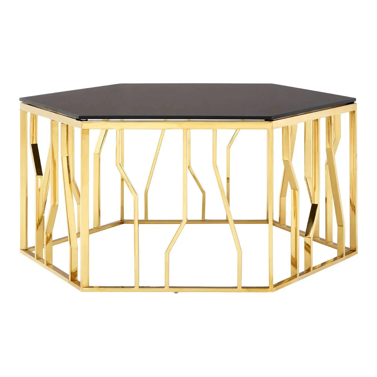 Hexagonal gold metal coffee table with black glass top and geometric base