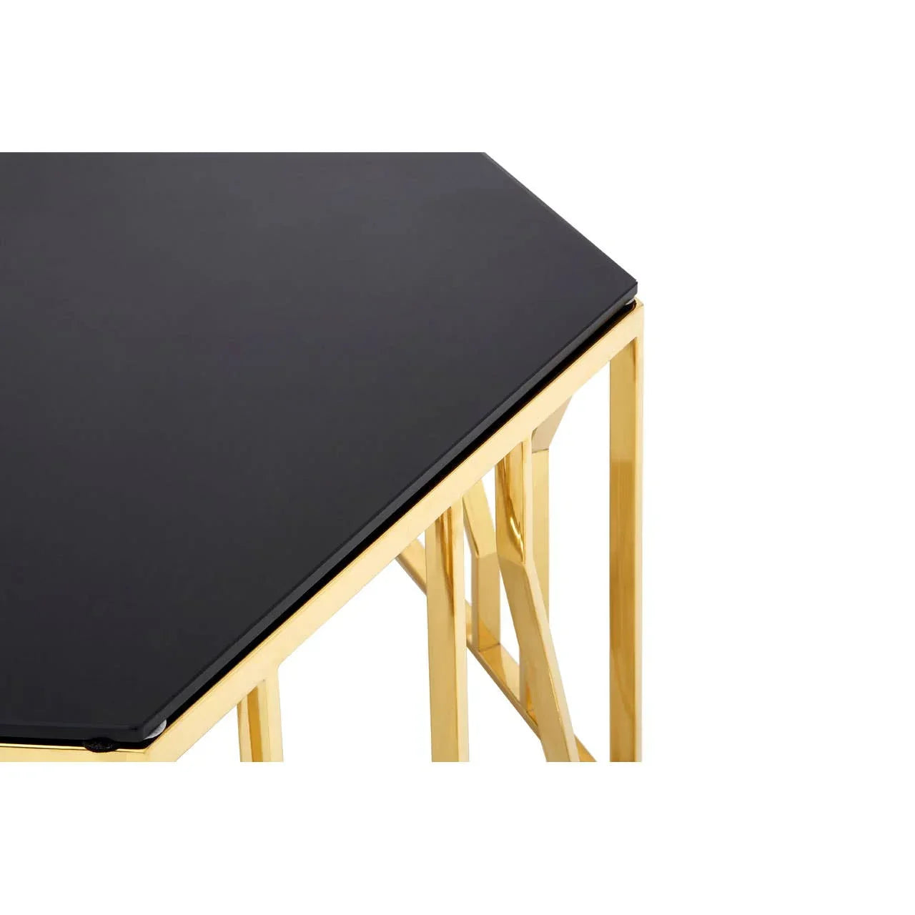 Black glass side table with gold metal frame, geometric leg detail, corner angle view