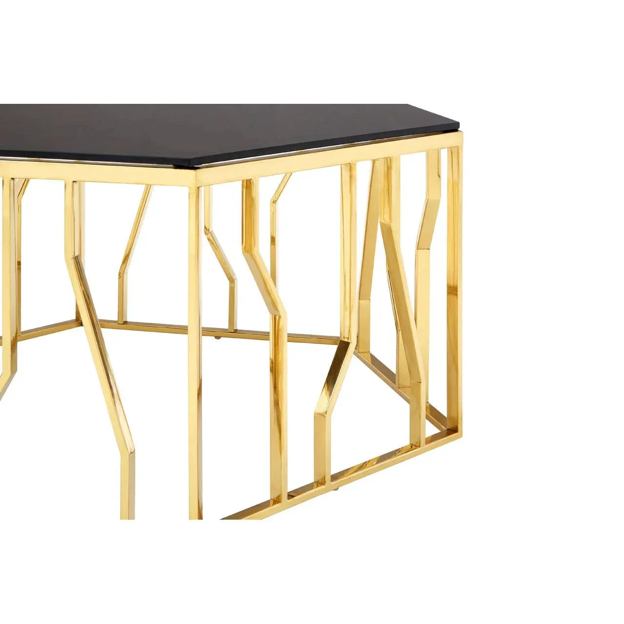 Black glass coffee table with gold metal geometric frame, corner angle view