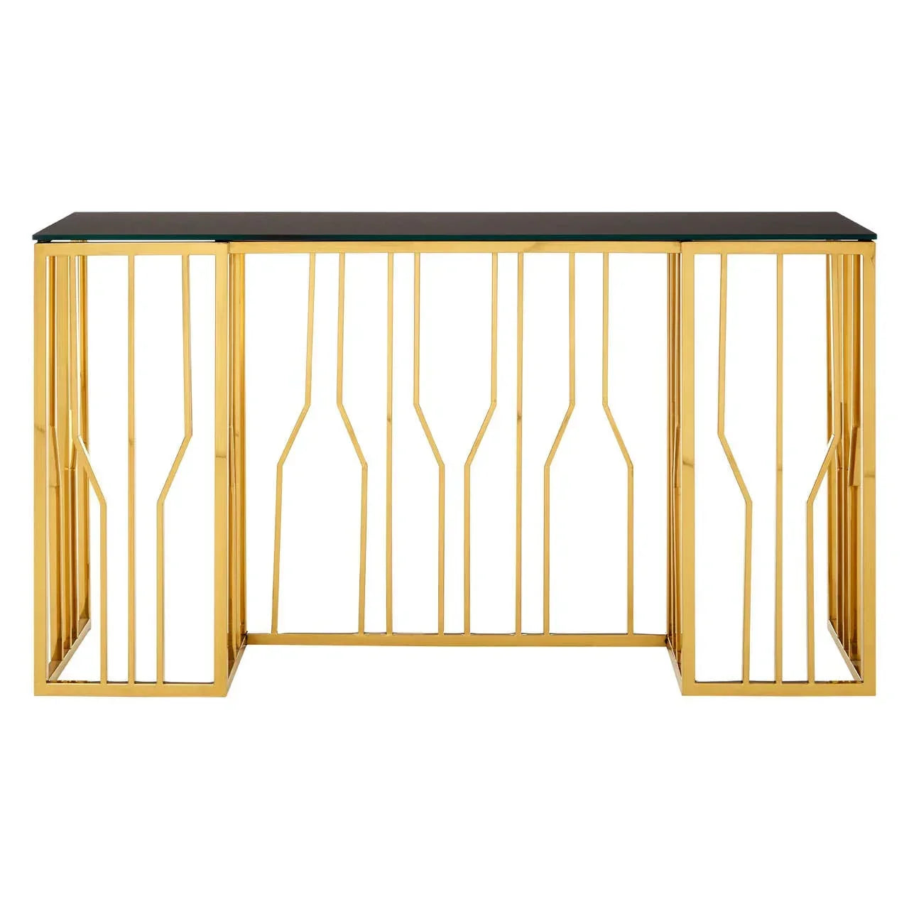 Gold metal console table with geometric frame and black glass top