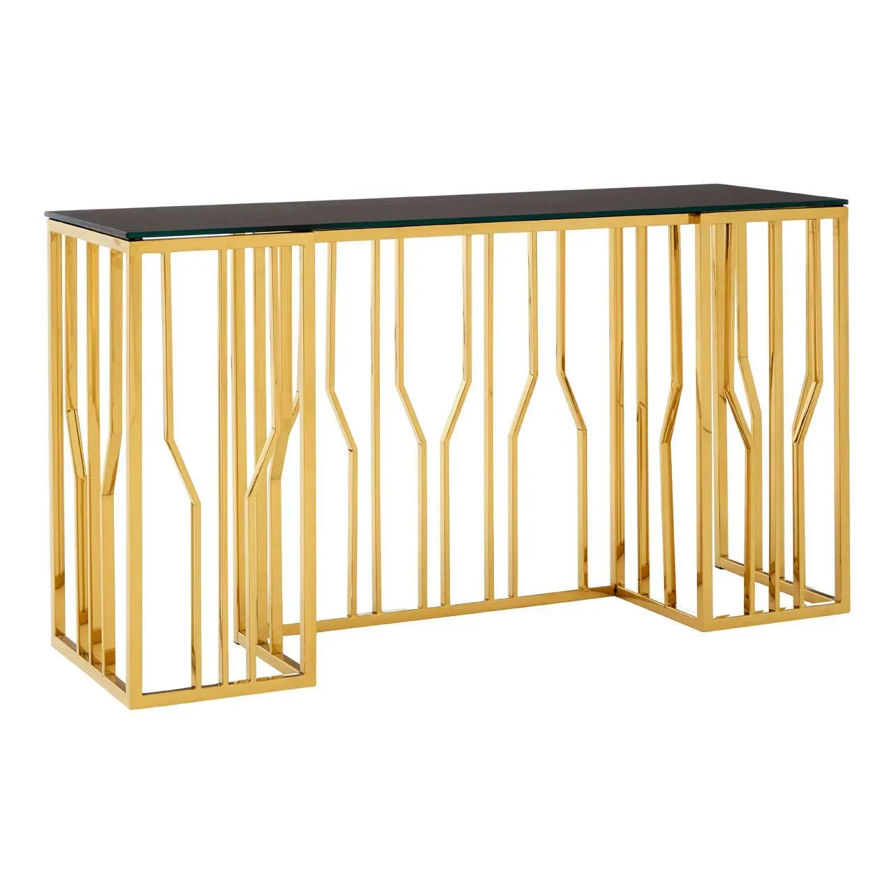 Gold metal console table with black glass top and geometric frame design