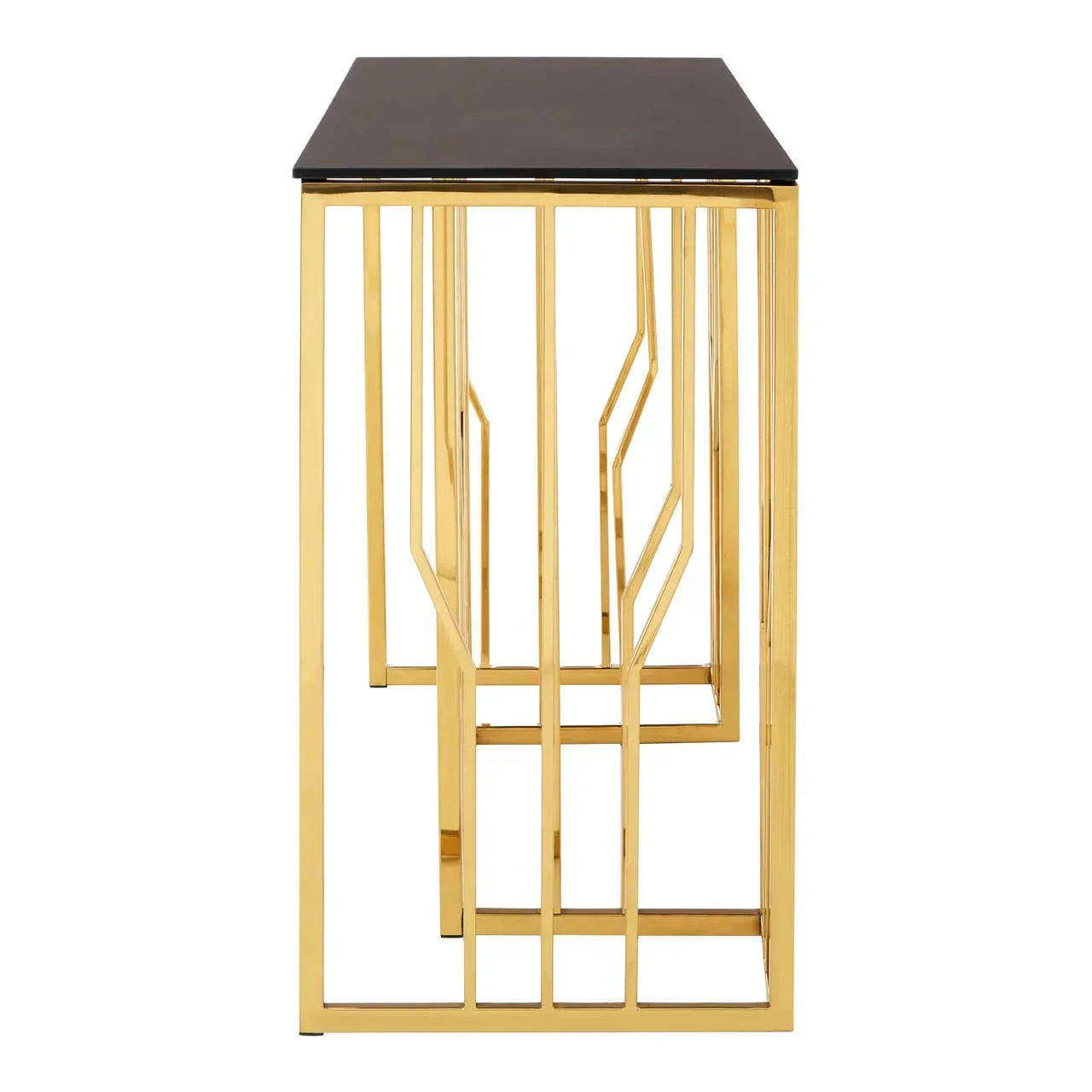 Side view of gold metal nesting tables with black glass tops and geometric frame design