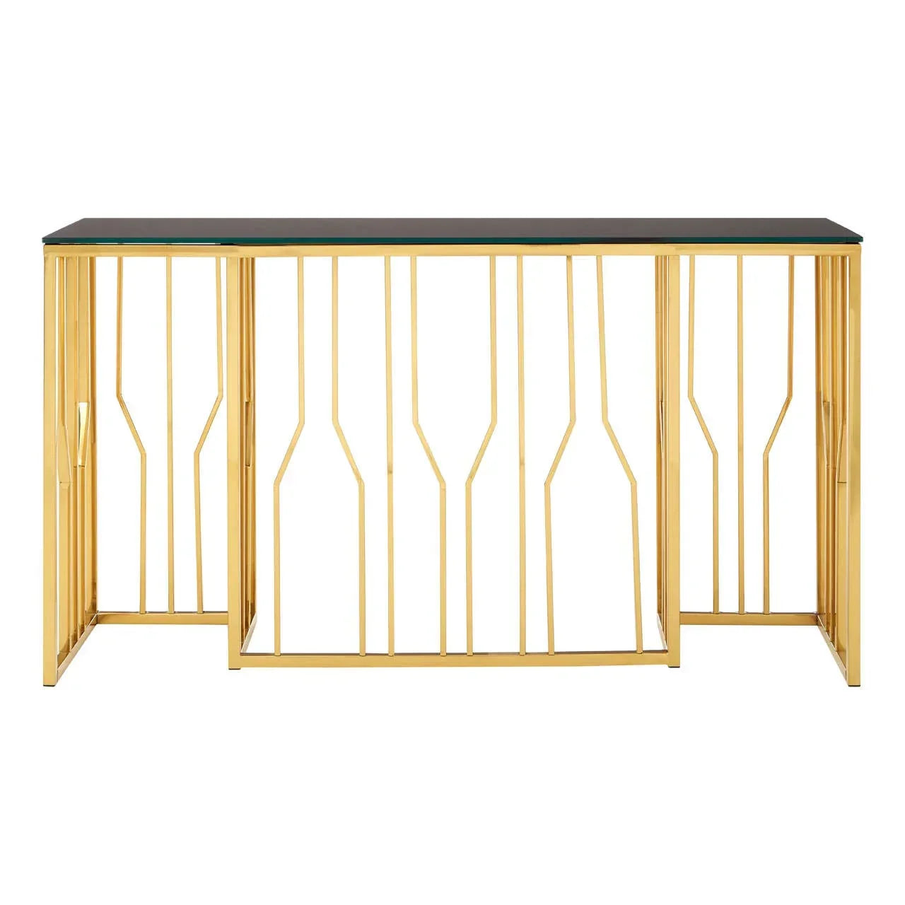 Modern console table with gold metal frame and black glass top, front facing view