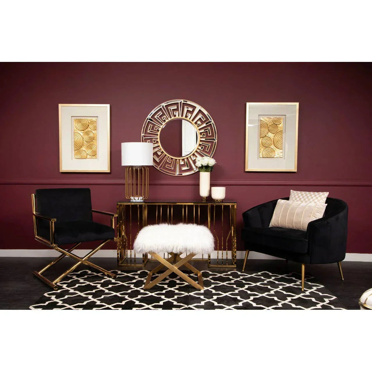 Living room furniture set with black velvet chair, gold console table and white fluffy stool