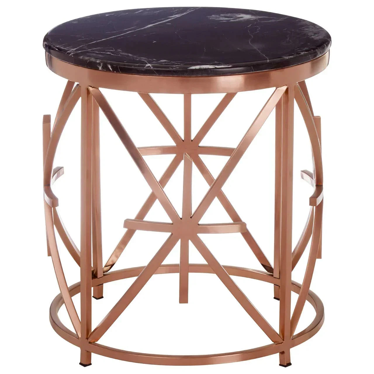 Round side table with black marble top and gold metal geometric base