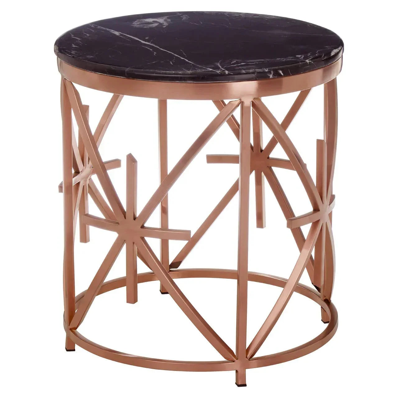 Round side table with black marble top and rose gold metal geometric base