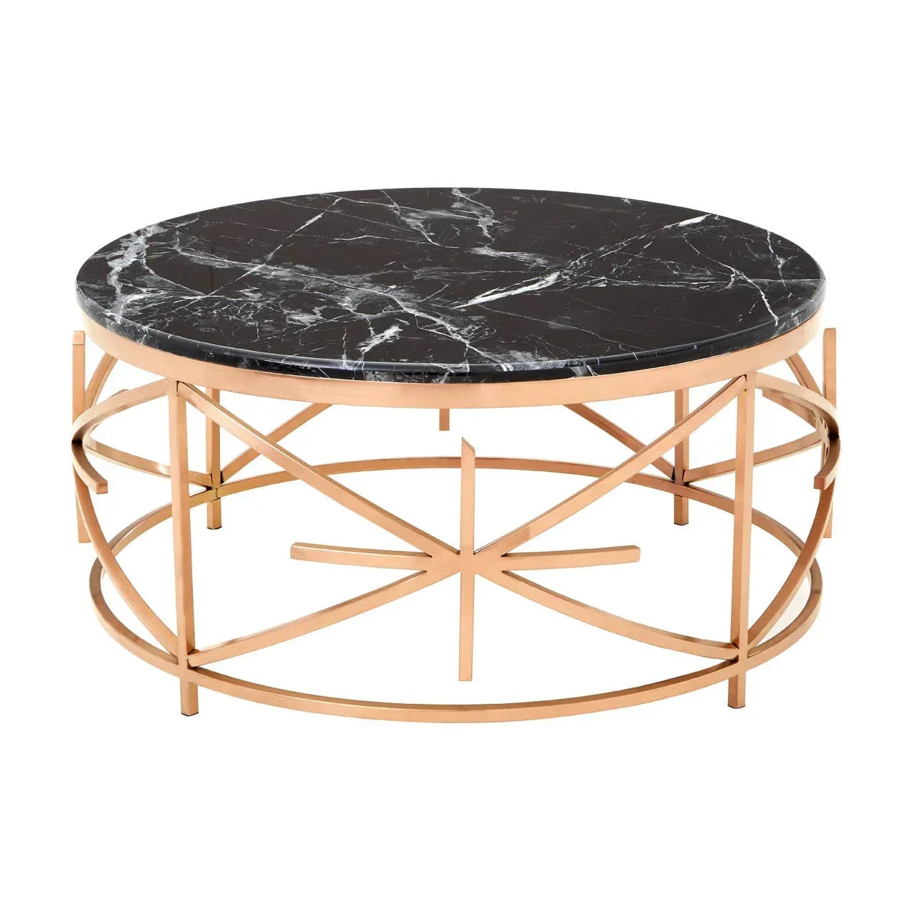 Round coffee table with black marble top and gold metal geometric base