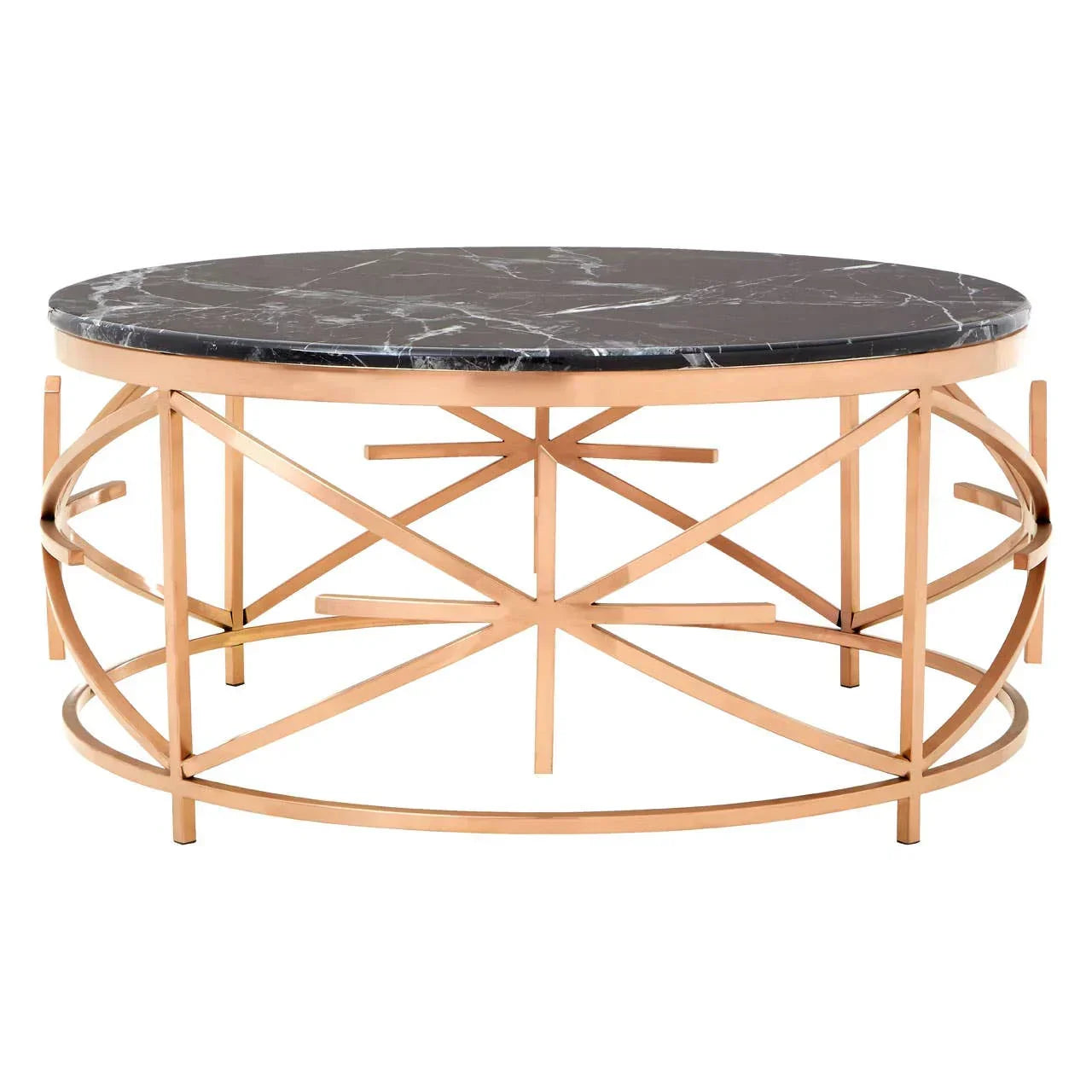 Round coffee table with black marble top and gold metal geometric base