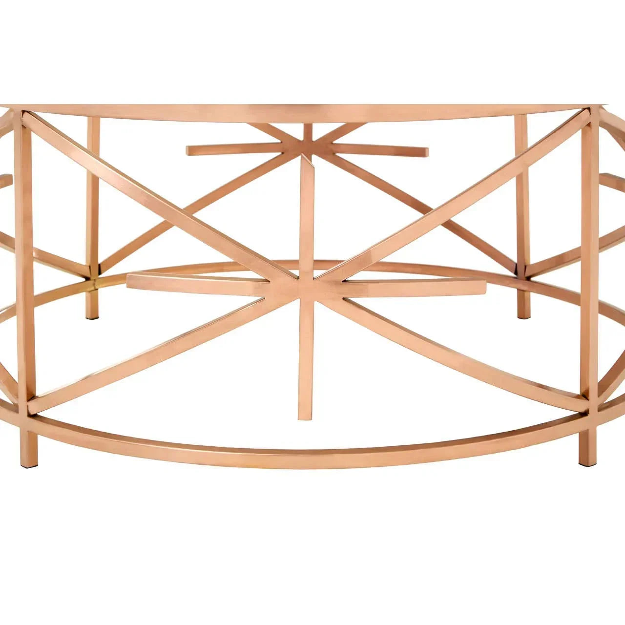 Round gold metal coffee table base with geometric crossbar design