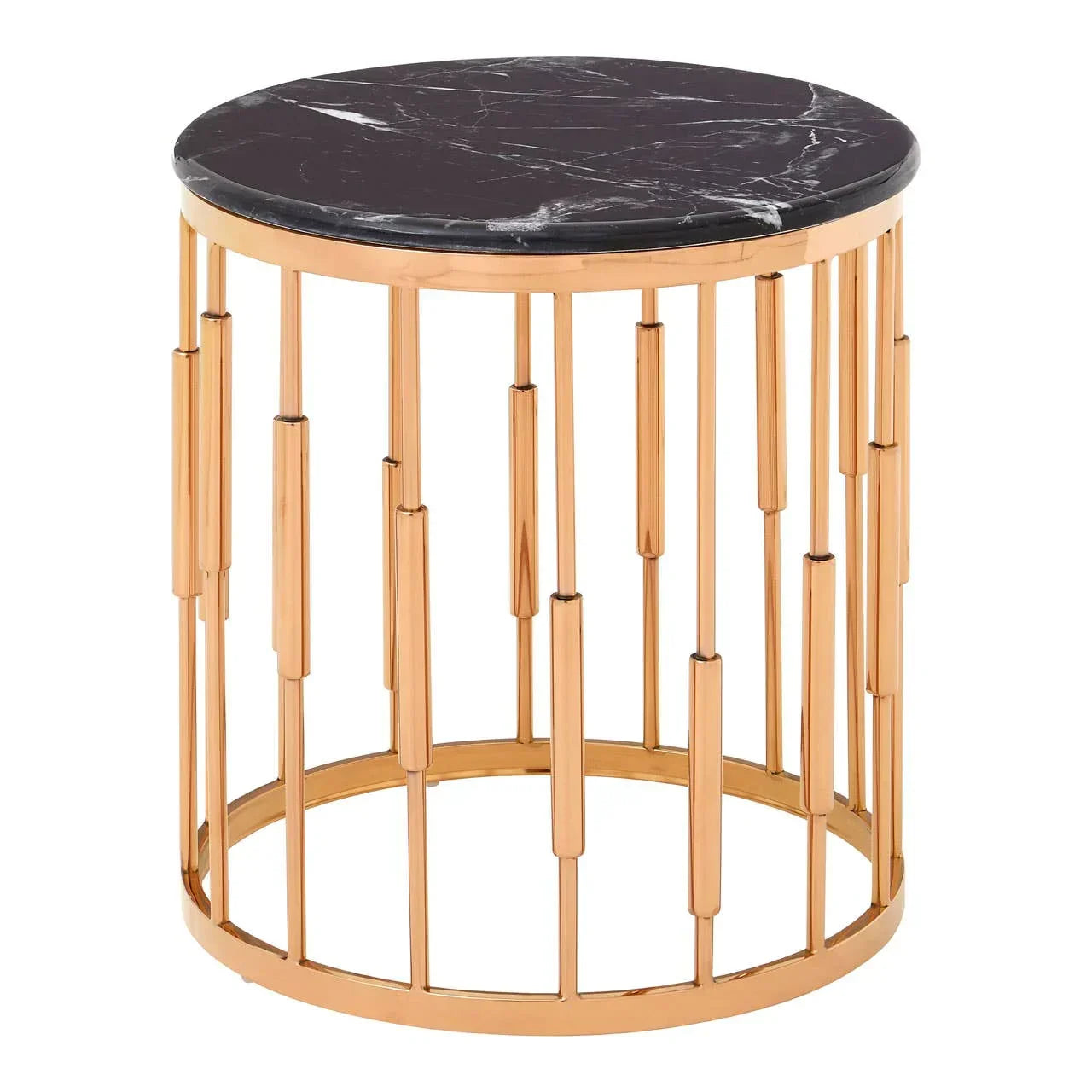 Round side table with black marble top and gold metal frame